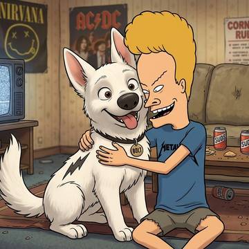 Beavis hugs Bolt