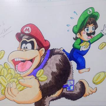 マリオブラザーズのコスチュームをしたドンキーとポリーン