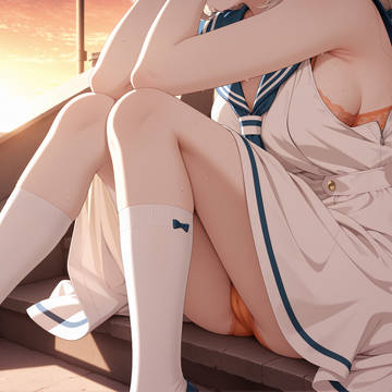 日暮れ下セーラーワンピース乙女座りパンブラ見せ