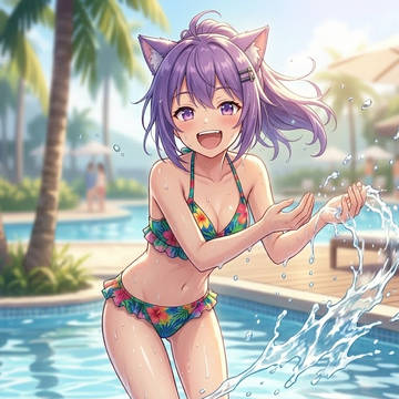 水かけっこする水着のシス