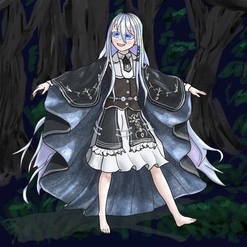 夜の森で散歩する銀髪の少女