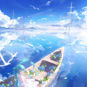 水面に映る空と初音ミク