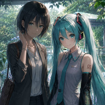 雪野老师和初音未来站在公园里