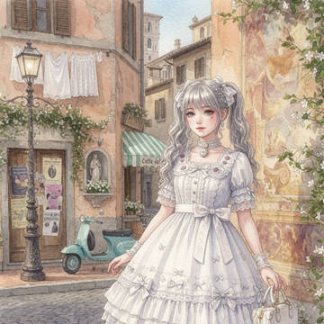 水彩の街角に佇む白ロリ少女