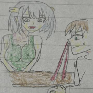 裸エプロンのヒサメを見て鼻血を出す男