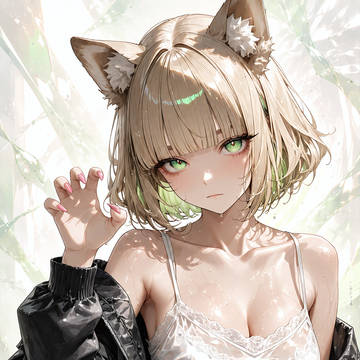 淡緑に光る猫耳と、濡れた黒ジャケット