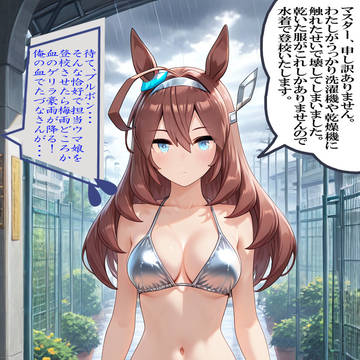 うっかり洗濯機に触れて壊したので洗濯できず水着で登校するブルボン