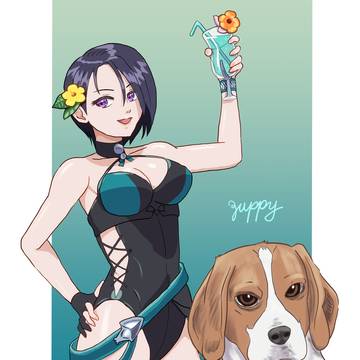 水着シャミアとビーグル犬
