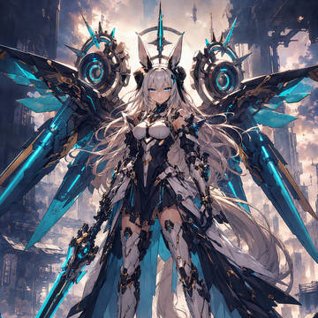 【AIイラスト】都市の廃墟を背に立つ剣士タイプのケモミミメカ娘