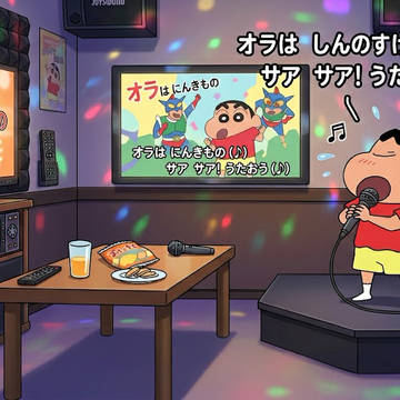 しんのすけがカラオケで『オラはにんきもの』を歌って