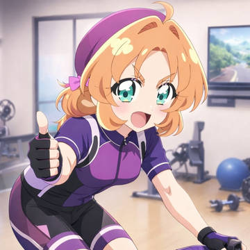 明智あんな　ロードバイク固定ローラー台に乗りながらサムズアップ