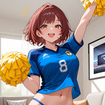 サッカーユニホーム姿で応援するおねえさん