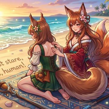 Fox and Squirrel Girls on beach