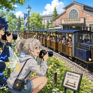 バッテリー駆動の15インチ鉄道を撮影する妖精男女