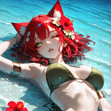 水面に揺れる赤髪とハイビスカス