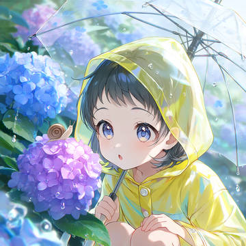 紫陽花の上のカタツムリを眺める女児ちゃん