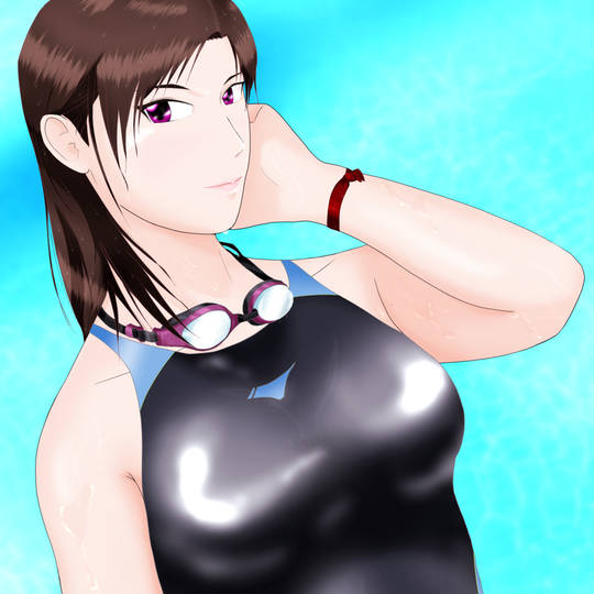 泳いだあとの競泳水着オフィスレディさん（眼鏡セミロング）