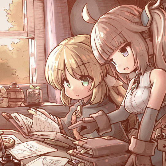 一緒に厚い本を読んでるメルティちゃんとパミちゃん