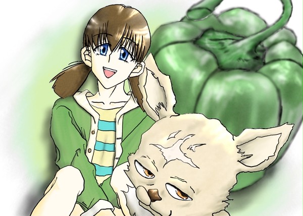 ピーマンと女の子とチワワ