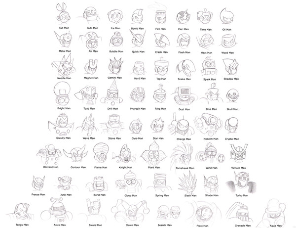 1-8 Robot Masters head sketches