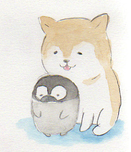柴と子ペンギン