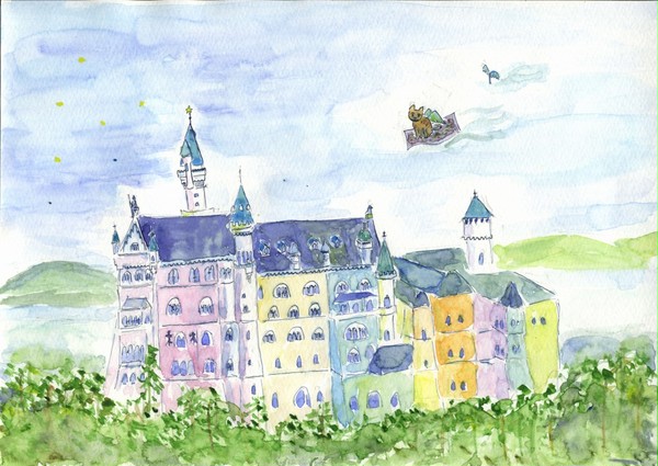 ノイシュヴァンシュタイン城を見に来た空飛ぶ絨毯の子ネコ
