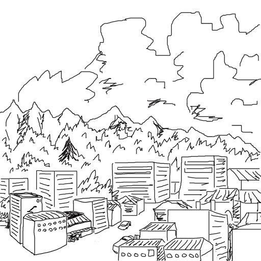 白黒の町の絵