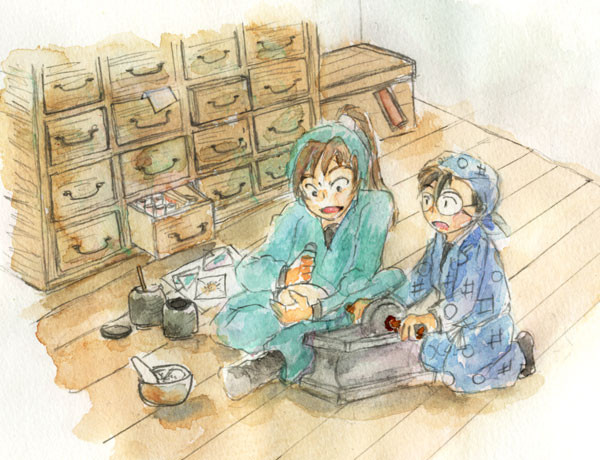 薬の調合　（伊作＆乱太郎）
