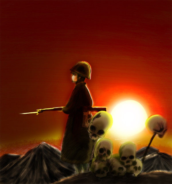 赤い夕日に照らされて