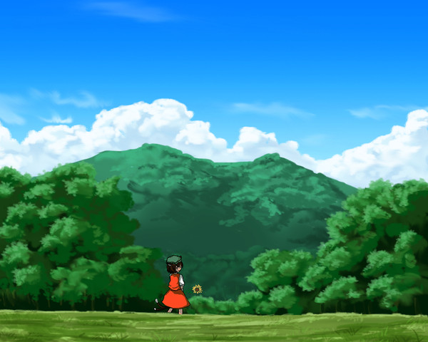 振り返るちぇんがいる風景