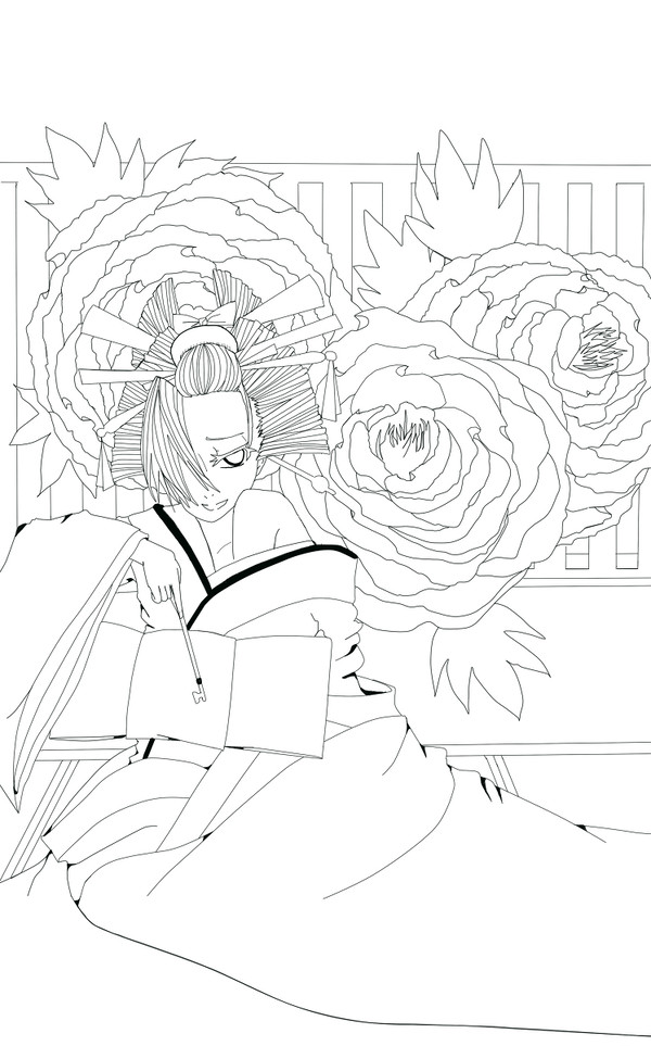 【線画】花魁　