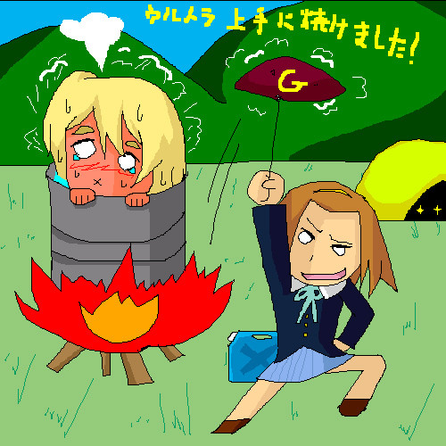 【描け麻雀用】りっちゃんがむぎの入ってるドラム缶風呂の火で焼き物