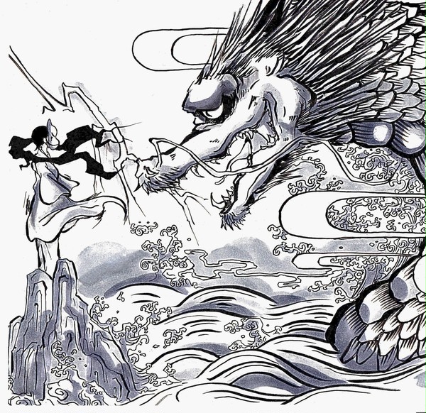 龍と狐　水墨画