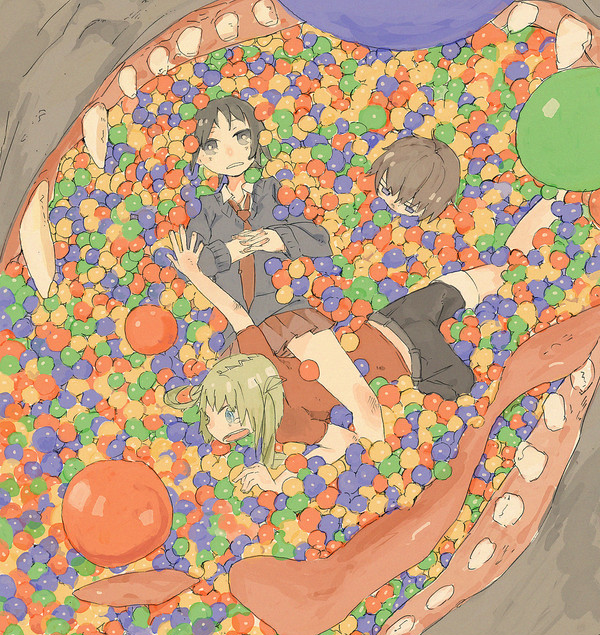 カラーボールにつられて入ってきた女子高生を食べる怪獣さん