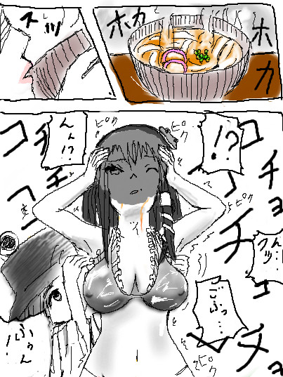 うどんすすってるときに諏訪子にくすぐられそれに耐えるビキニの早苗
