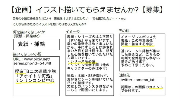 【停止中】「アオイトリ何処」表紙・挿絵募集！