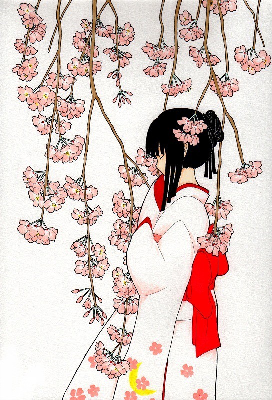枝垂れ桜と和服少女