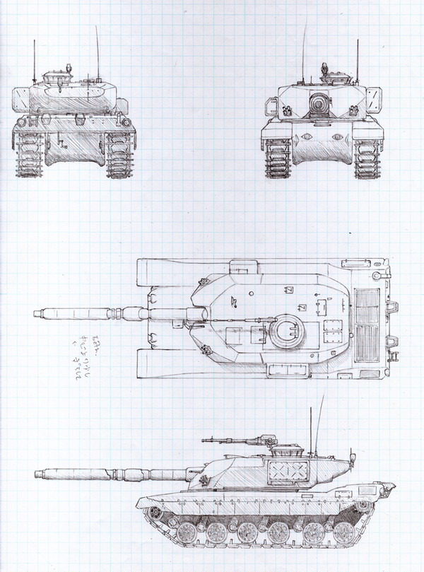 中型戦車とかいうの三面図。(/д＼*)(/ω＼)　　(/ω・＼)