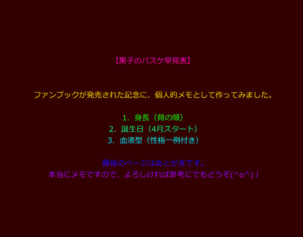 黒バスキャラ早見表（身長・誕生日・血液型）