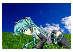 草原で寝そべるミク