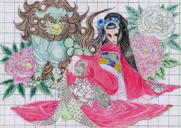 【塗らせていただきました】唐獅子牡丹姫【色鉛筆】