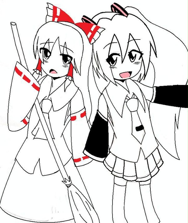 ペイントで霊夢とミク描いてみた
