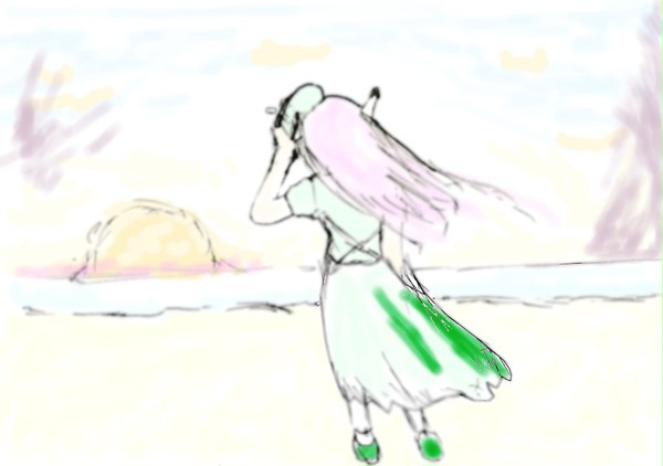 夕日の浜に佇むモモさん