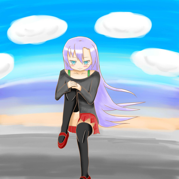 海辺で座ってる女の子