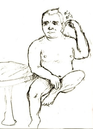 絵巻物断片のカス：全裸中年男性