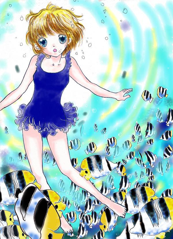 水着少女と熱帯魚