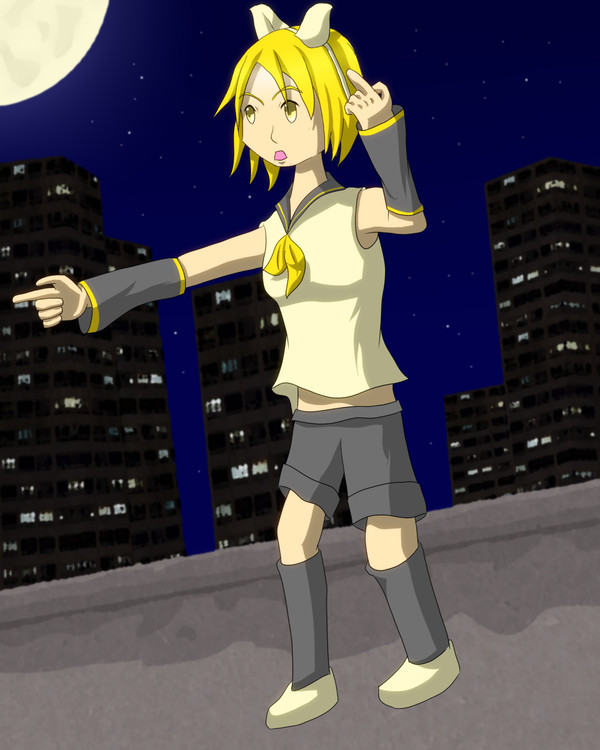 夜ビルの屋上で鏡音リン氏がくるくるぱーと言いながら指をさしている
