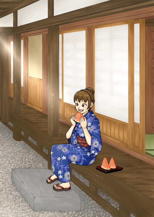 縁側でスイカ