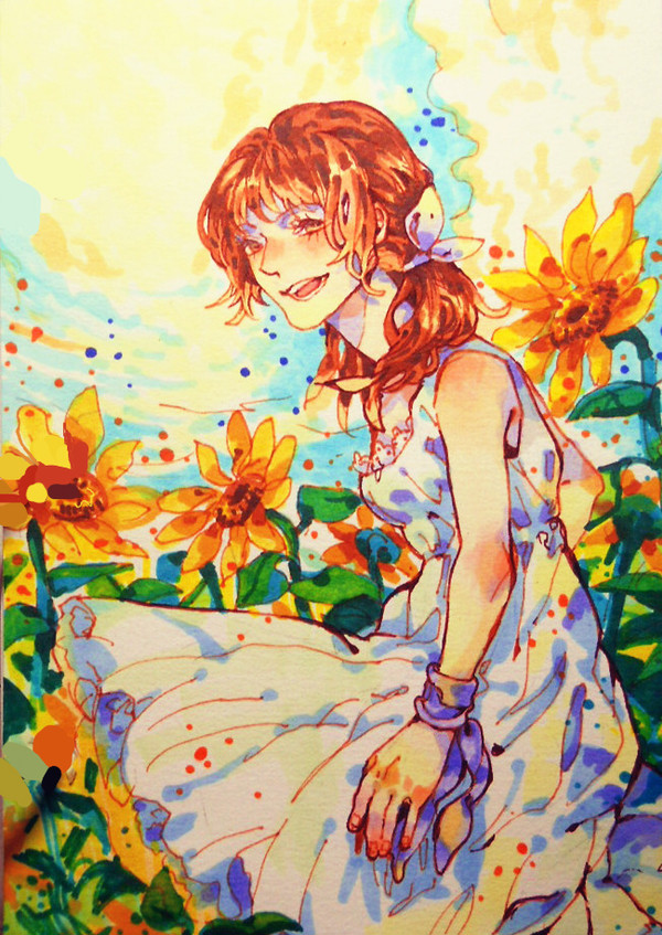 向日葵花田中的少女