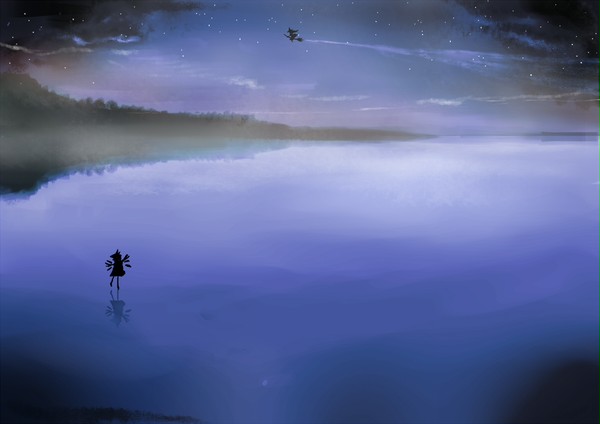 霧の湖上を飛ぶ